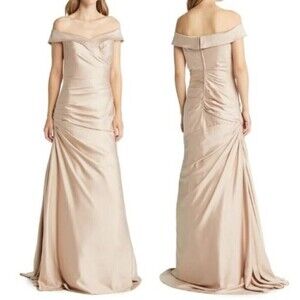 La Femme Off the Shoulder Ruched Satin Trumpet Gown in Champagne Women's Size 8